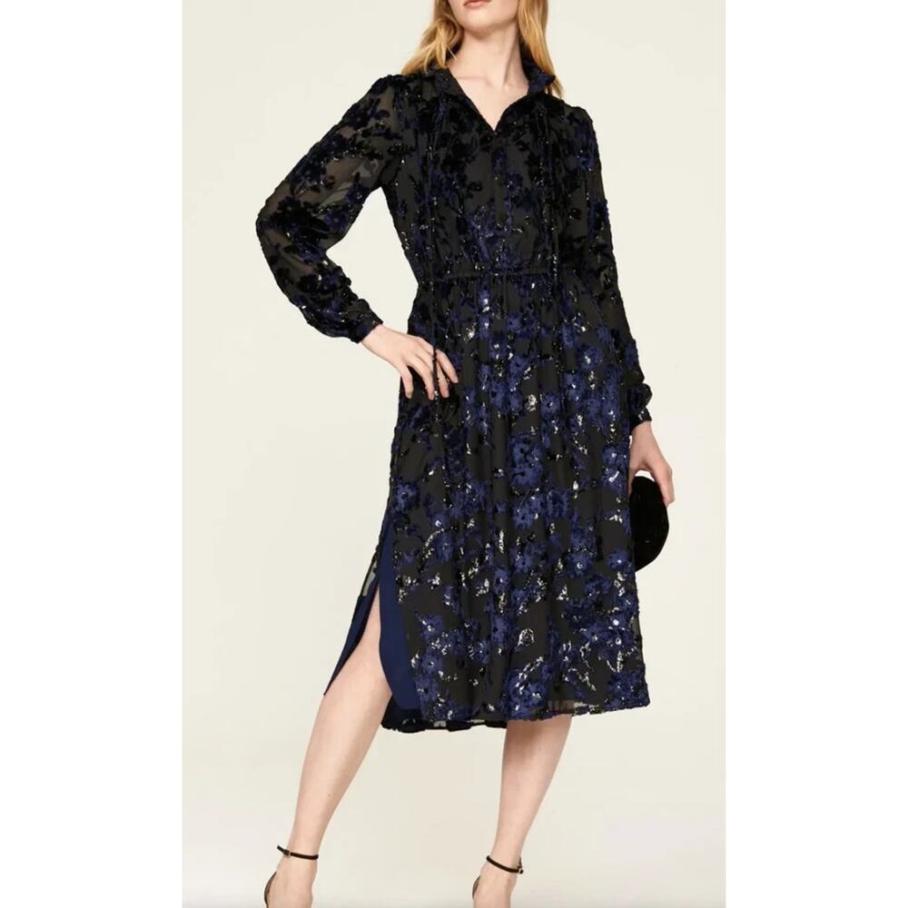 Adam Lippes Collective RTR Velvet Embroidered Black Navy Midi Dress Sz 6 Floral